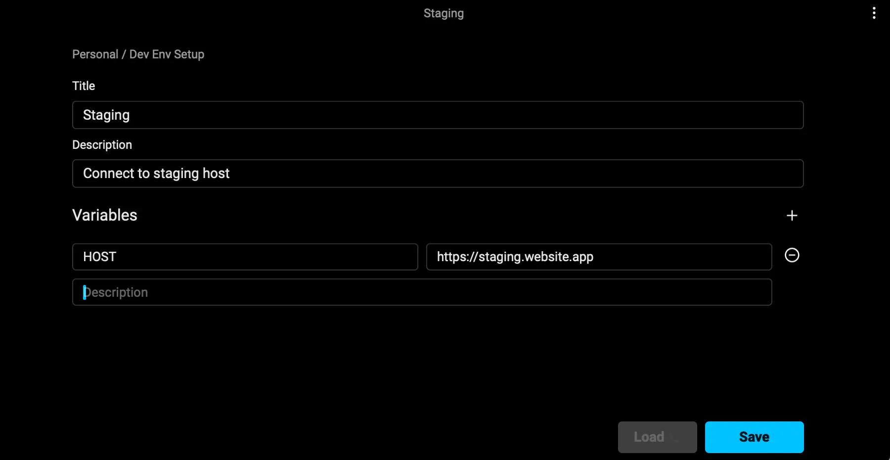 Environment variable editor in Warp Drive showing fields for name and description.